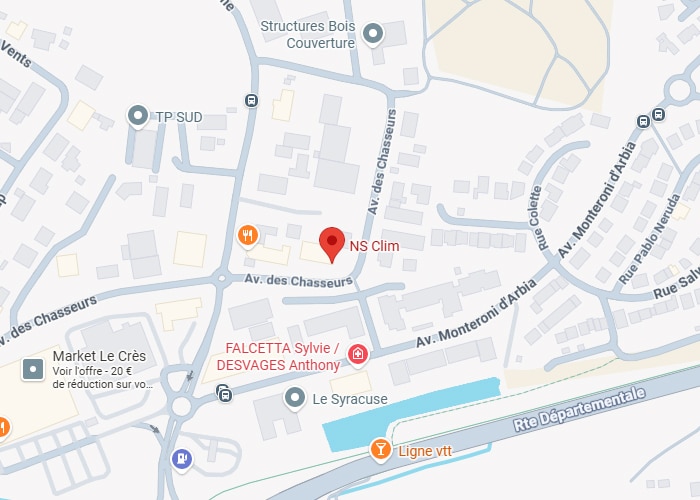 NS Clim localisation : Carte détaillée Av. des Chasseurs. Carte routière centrée sur NS Clim sur l'Av. des Chasseurs, près de TP SUD, Market Le Crès et l'Av. Monteroni d'Arbia.