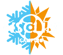 Logo NSCLIM CAMPING contrastant froid (flocon bleu) et chaleur (soleil orange). Symbole de la dualité climatique pour l'équipement de camping.